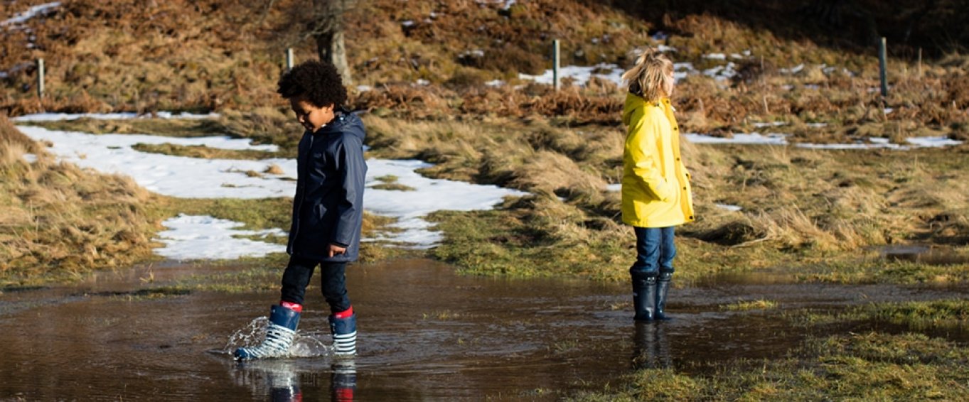Two Children in Winter Clothes Splashing In a Stream