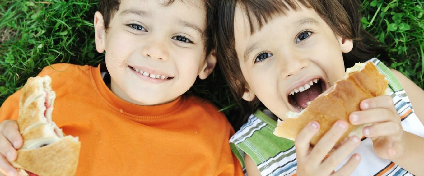 Two Children Lying on Grass & Eating Sandwiches 