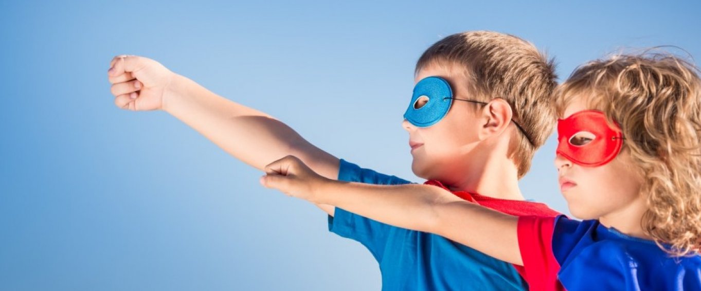 Two Children with Superhero Mask, Capes & Poses 