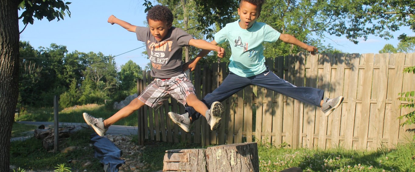 Two Young Boys Leaping Off a Tree Stump