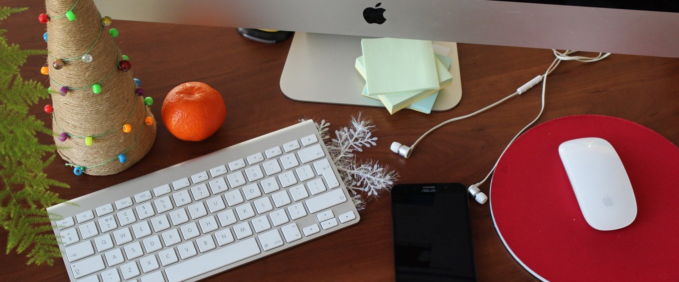 Office desk decorated for Christmas 