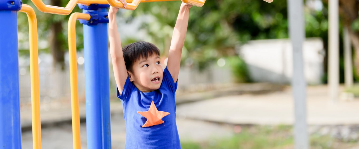 Boy doing monkeybars climbing frame