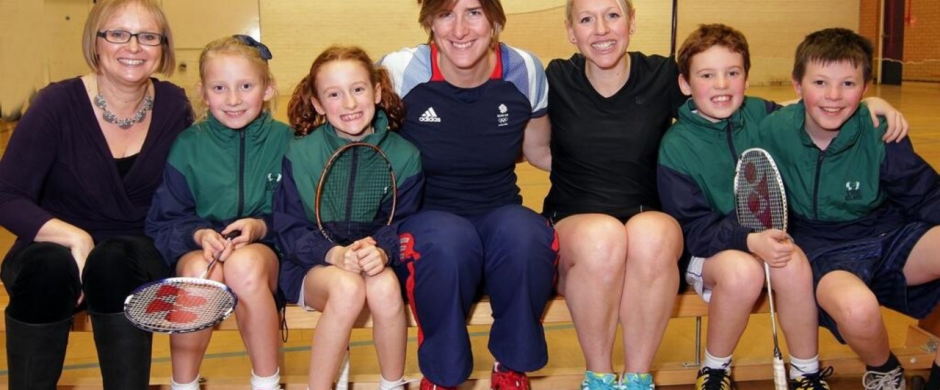 Katherine Grainger with Young Female Pupils in Sports Class