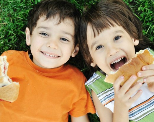 Two Children Lying on Grass & Eating Sandwiches 