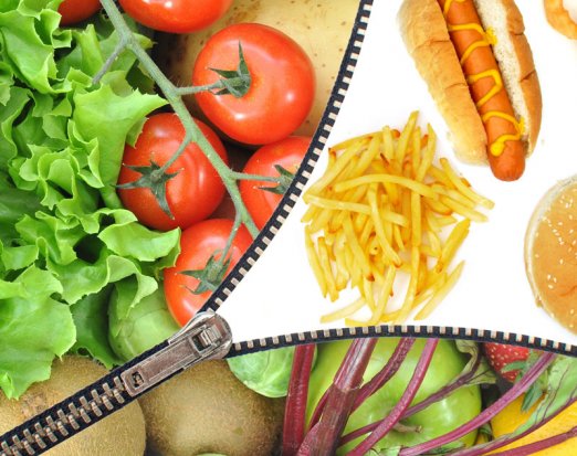 Fruit and veg being unzipped to reveal junk food