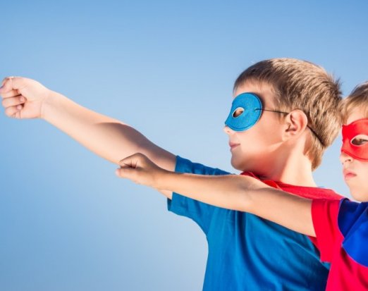 Two Children with Superhero Mask, Capes & Poses 