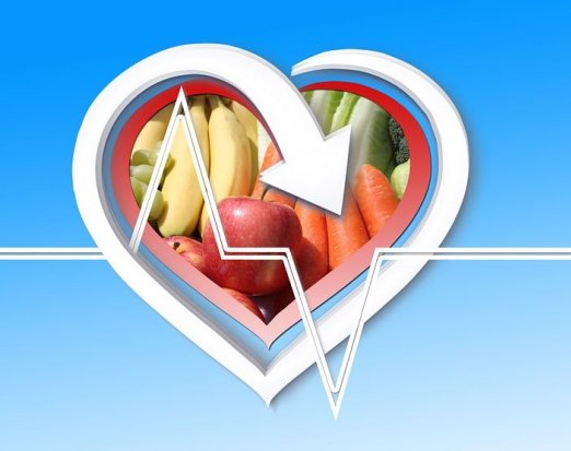 Heart logo with fruit in the centre blue background