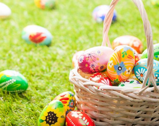 Wicker Basket Filled with Ornately Decorated Eggs