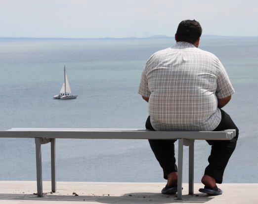 Obese man sitting on a bench, looking at a boat