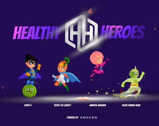 The Amaven Healthy Heroes: Kerry the Carrot, Richie Runner Bean, Super H, MIndful Miranda