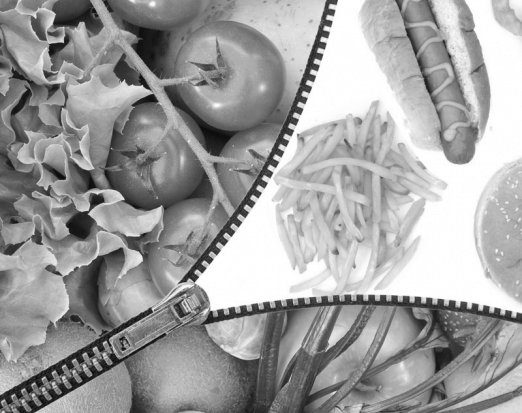 Fruit and veg being unzipped to reveal junk food