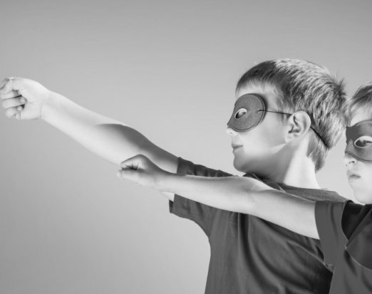 Two Children with Superhero Mask, Capes & Poses 