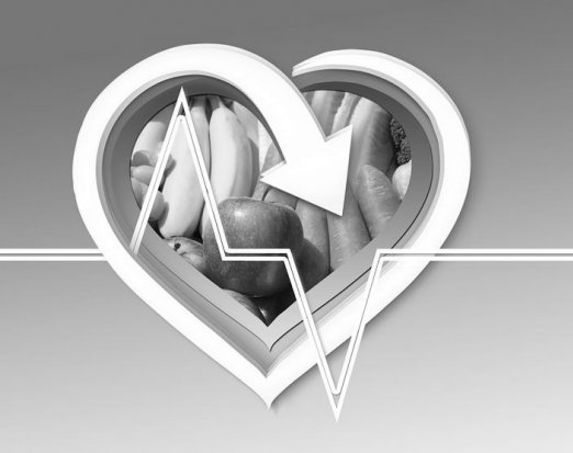 Heart logo with fruit in the centre blue background