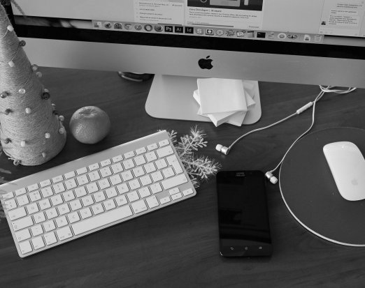 Office desk decorated for Christmas 