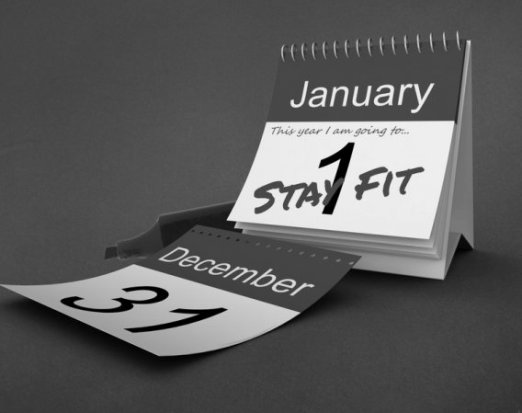 The words 'stay fit' on a calendar with 'January 1st' as the date